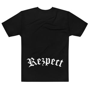 Black T-Shirt with White Rezpect in Old English across the back. Rezjitsu logo on front.
