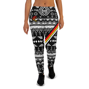 Black Tribal Women's Joggers with Red, Yellow and White accent lines and the R for Rezjitsu on the leg.