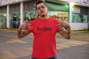 Rezjitsu Old-E Classic T-Shirt - Red with Black Old English Font
